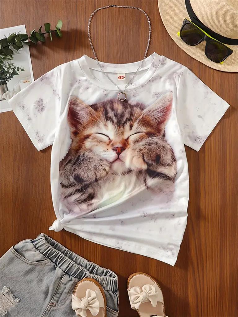 Fun Girl T-shirt Summer Short Sleeved Top Cartoon Animal Cat 3D Printing 2025 Girl Clothing