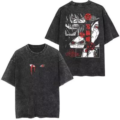 Summer Naruto Uchiha Clan Washed T-Shirt, Anime Harajuku Street Style Loose Cotton Tee