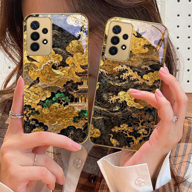 Golden Surging Waves For Samsung A 01 52S A04 A05S A10 A12 A13 22 23 24 36 42 M02 Note 10 20Ultra 8 9 Golden Glass Phone Case