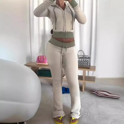 Autumn Winter Casual Sports Solid Color Splicing Knit Hoodie 2 Piece Sets Woman Outfit Pantsuits