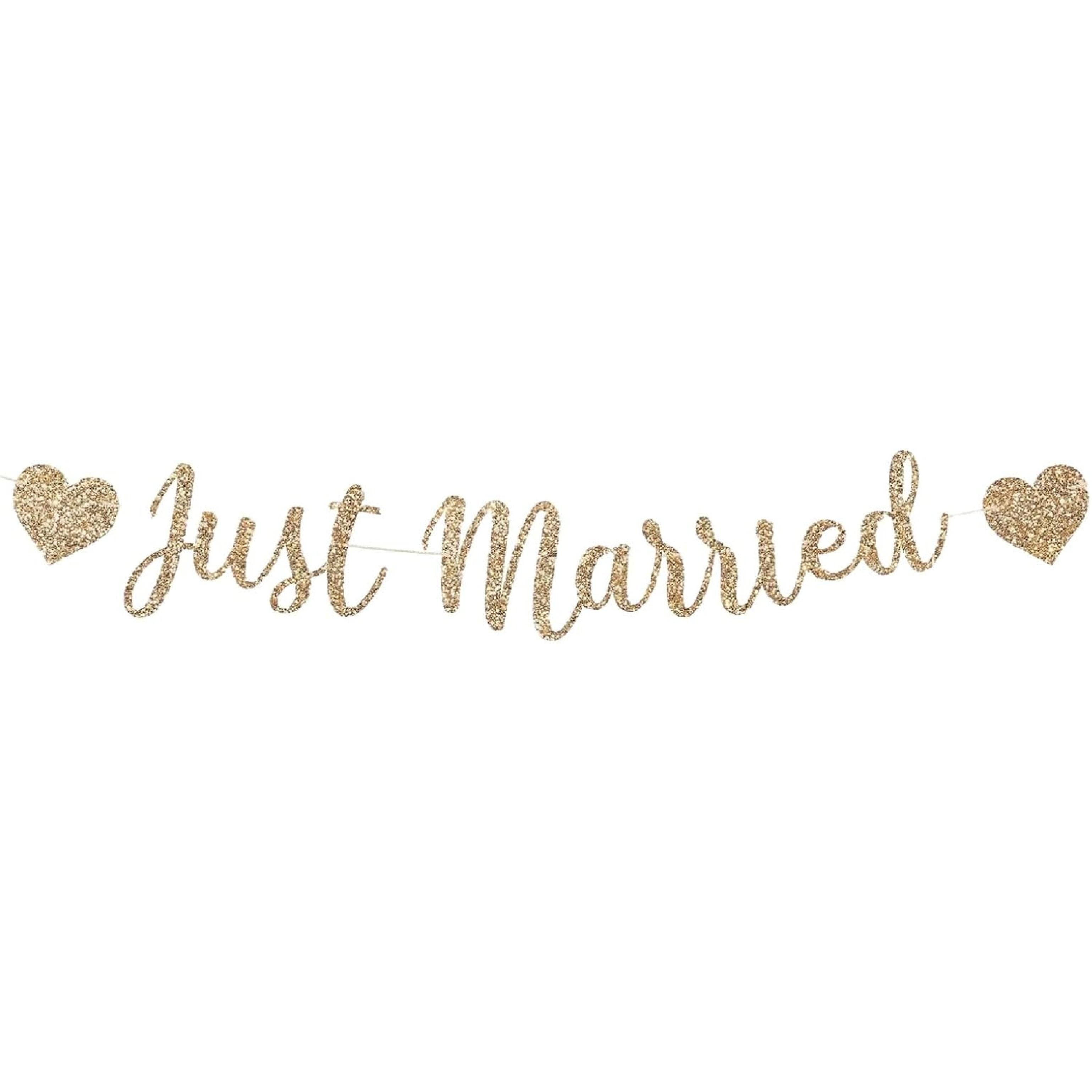 Pre-strung Just Married Banner, No DIY Just Married Sign Decorations with Gold Glitter Wedding Banner for Wedding Reception Ceremony Party