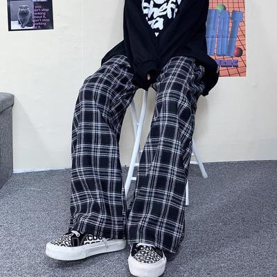 Pantaloni da donna a griglia larga casual dritti primavera estate Pantaloni larghi a gamba larga da donna