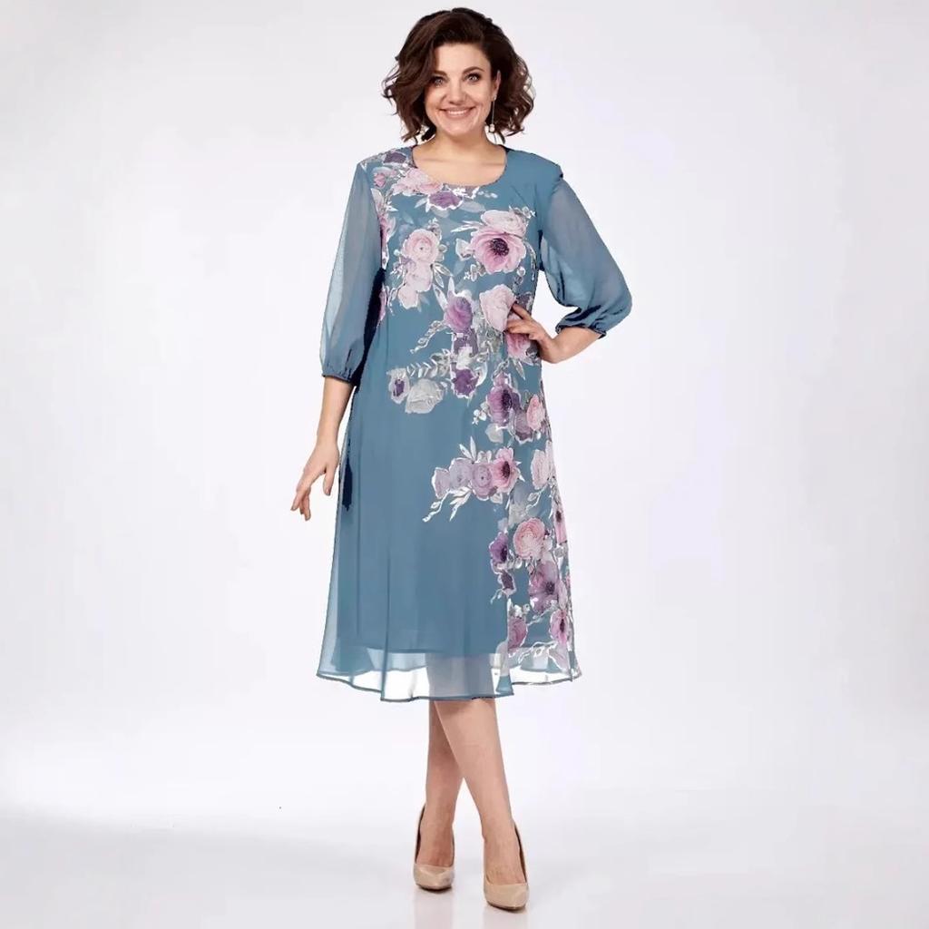 Women's Round Neck Three Quarter Sleeve Midi Dress Loose Fit Mid Waist Elegant Floral Print Chiffon Dress 2025 Summer Plus Size Casual Dress