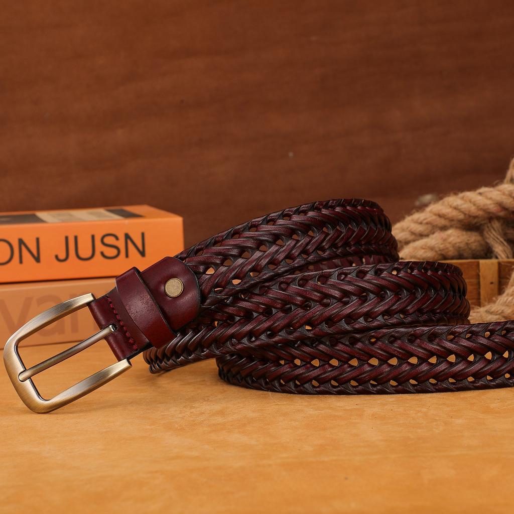 Belt for Men's Retro Hand-woven Genuine Leather Pants Belt for Students' Pin Buckle Versatile Trendy Young People