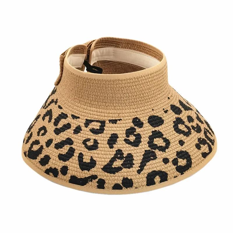 Women Leopard Print Sun Hat Summer Trendy Chic Bow Foldable Wide Brim Straw Cap For Beach Holiday