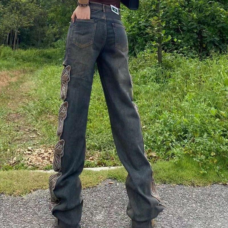 Vintage Trendy High Waist Geborduurde Gescheurde Losse Vloer Vlinder Holle Wijde Pijp Jeans voor Dames