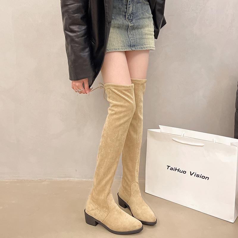 

Корейские остроносые сапоги ботфорты на толстом каблуке Модные универсальные сапоги женские с ремешком сзади Черные эластичные сапоги с длинным голенищем Женская обувь 43 хаки