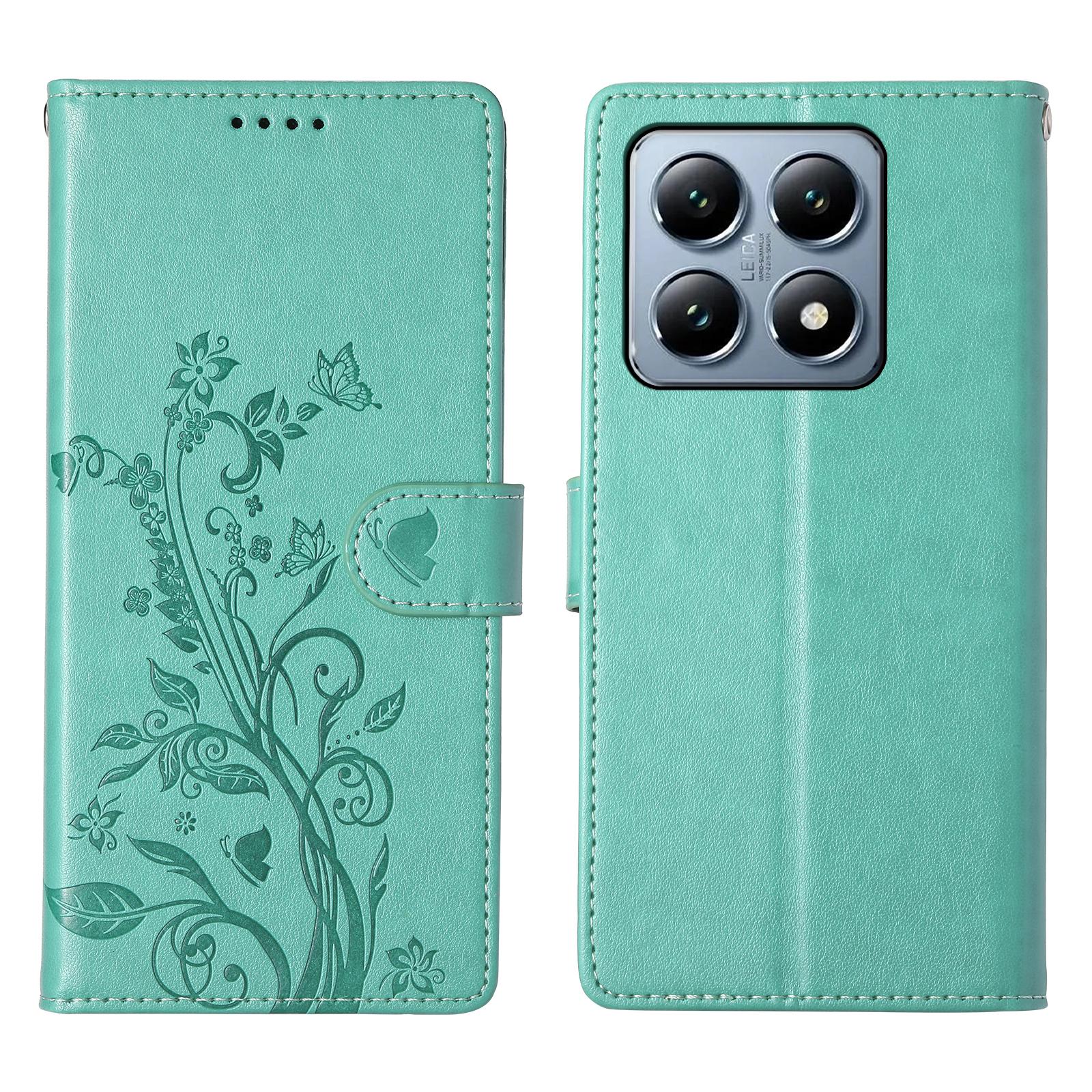 

For Xiaomi 14T Pro Wallet Case Butterfly Floral Imprint PU Leather Phone Cover with Wrist Strap Green
