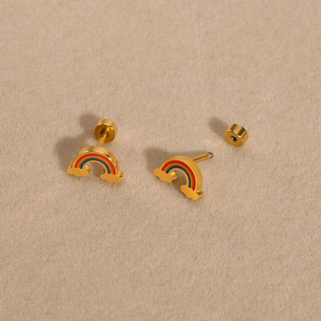 Women's Chic Minimalist Strawberry Stud Earrings, Gold Color Stainless Steel Dainty Charm Rainbow Hoop Dangle Earring To Girls