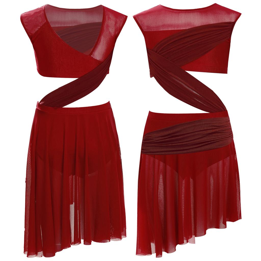 Mergaičių Lyrinio šokio suknelė Vientisa Berankovė Permatomo tinklelio Patchwork Asimetriškas kraštas Pasirodymo kostiumas