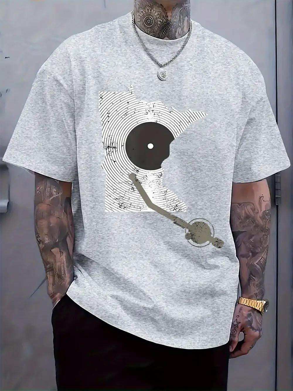 Black Short-Sleeve T-shirt with White Vinyl Record Print - Lightweight Polyester Blend XL