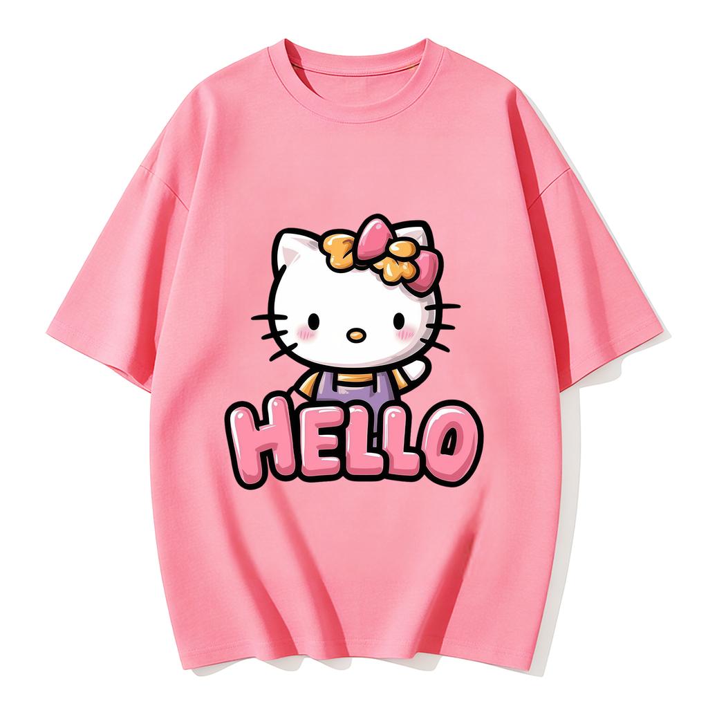 2026 Hello Kitty Cartoon Printed Short Sleeve Summer Cotton Tshirt Flower Womens Family Matching Outfits Tops Tee Highquality