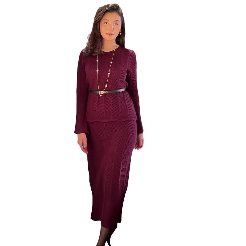 2024 Autumn/Winter Women's Solid Color Sweater and A-Line Midi Skirt Two-Piece Set