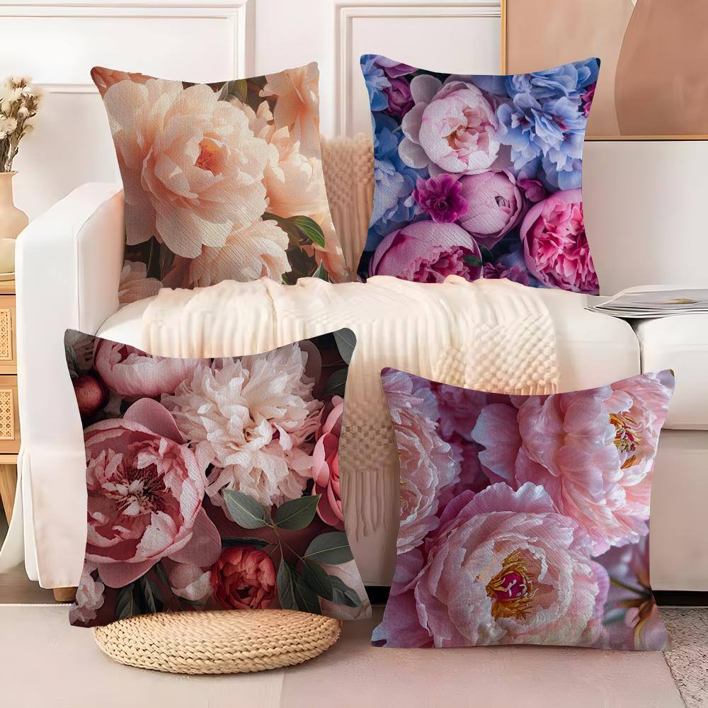 Hot Peony Cushion Cover Natural Linen Organic Fabric DoubleSided Printing Sofa Home Decor Breathable Bed Pillow