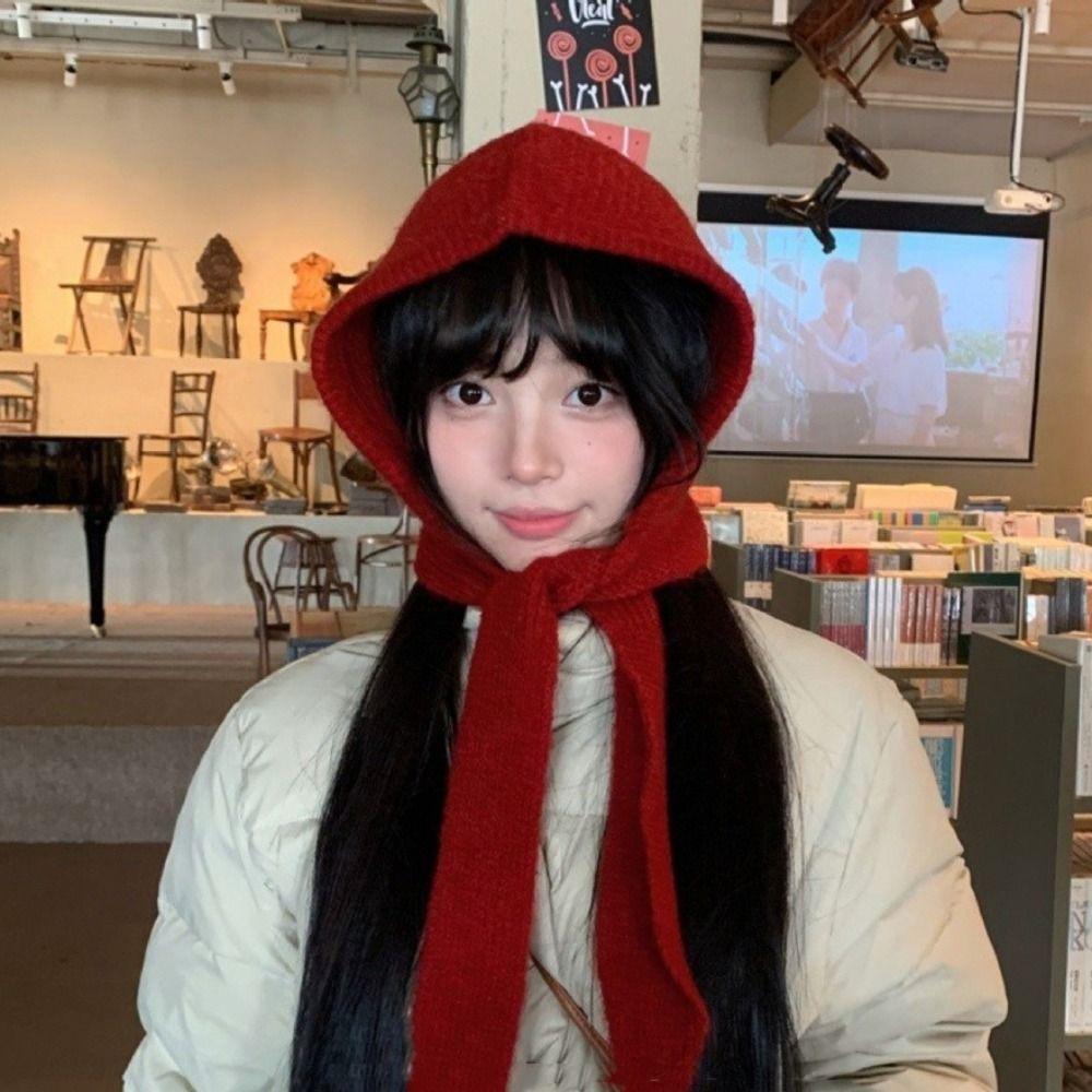 Windproof Knitted Hooded Hat Winter Neck Collar Scarf Cap Korean Balaclavas Cap  Men Women