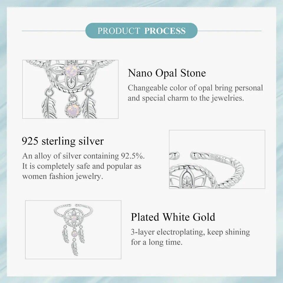 WOSTU 925 Sterling Silver Dreamcatcher Open Ring With Nano Opal Stone For Women Wedding Lucky Gift Fine Jewelry Boho Style