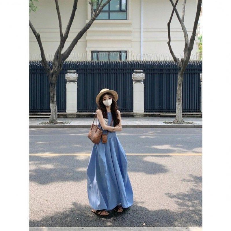 French Holiday Style Temperament Blue Vest Dress Women's Summer New Design Feeling Waist Thin a Word Long Dress