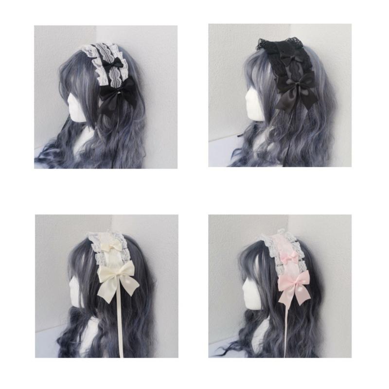 NEW Lolita Ruffled Headband Sweet Star Embroidery Lace Ribbon Bow Hairband with Hairpins Anime Maid Cosplay Headdress