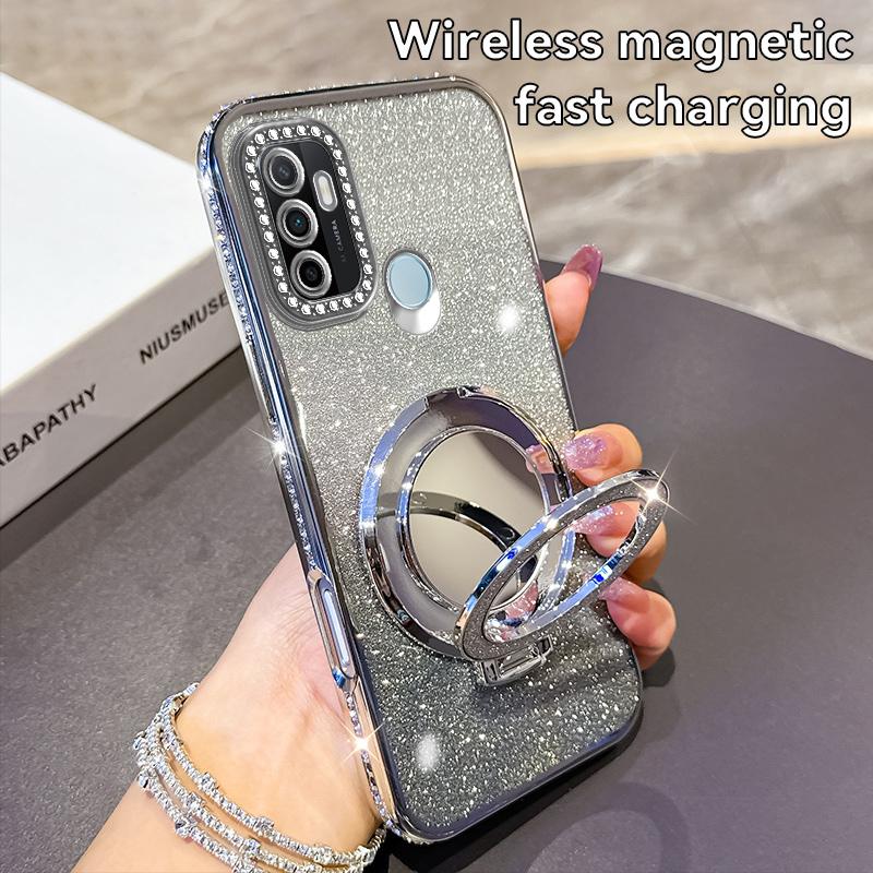 Women Girl's Diamond Make Up Mirror Phone Case For OPPO A32 A35 A38 A53 2020 A54 A57 A60 A74 Holder Plating Soft Silicone Cover