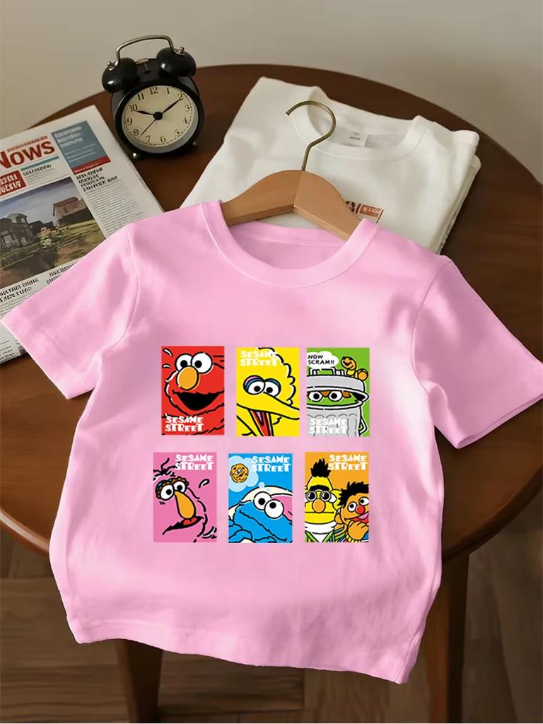 Cute Sesame Street Cartoon Short Sleeve Tee For Children Summer Casual Crewneck Top Boys Girls Age 3-14