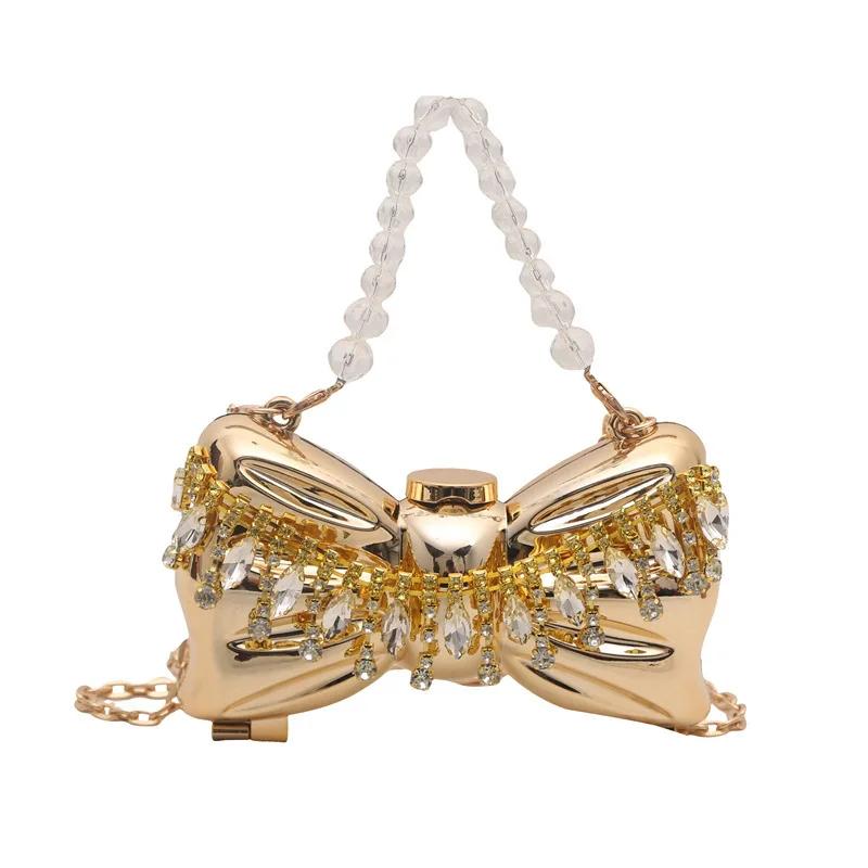 Metal Mini Bag Rhinestone Tassel Shoulder Bags Women's Chain Crossbody Chain Box Bags Gold Evening Bag