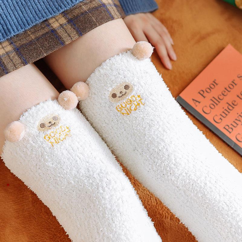 Winter Women Warm Stockings Cute Cartoon Soft Coral Fleece Women Thigh High Socks