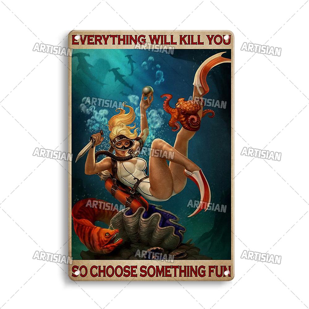 Artisian Swimming Metal Poster Diving Tin Sign Sport Decorative Plaque Ocean Wall Decor Garage Bar Pub Club Hotel Cafe Kitchen