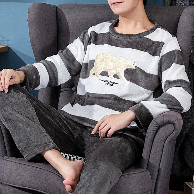 Winter Warm Flannel Boy Sleepwear Thermal Velvet Cartoon Plaid Men's Pajama Sets Casual Pjs Male Loungewear Pyjamas Nightwear