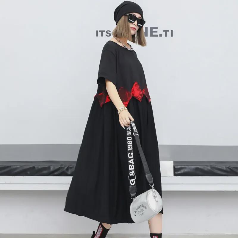 2024 Plus Size Women’s Summer Mid-Length Color Block Short Sleeve Loose Dress