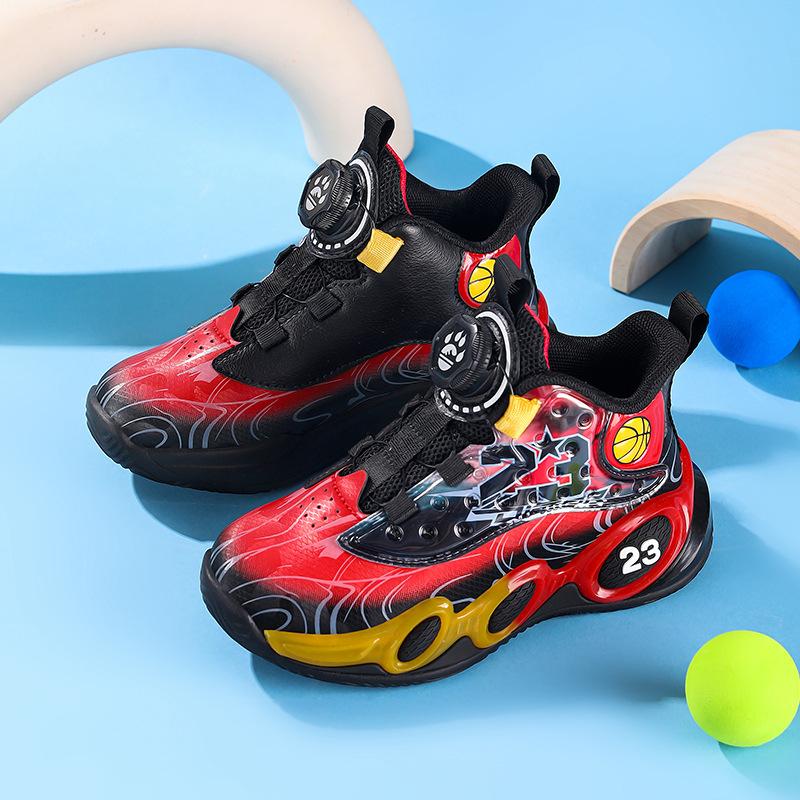 Children's basketball shoes Boys' leather waterproof and non-slip medium and older children's soft-soled sports shoes Rotary buckle explosive sneakers