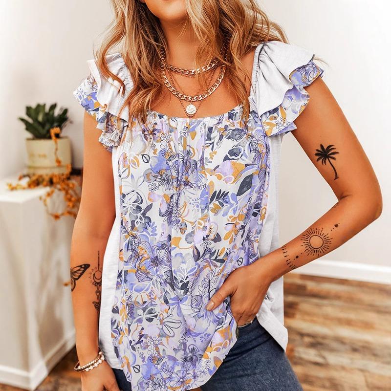 Women Bohemian Floral Print Ruched Short Sleeve Square Neck Pullover T Shirt Top