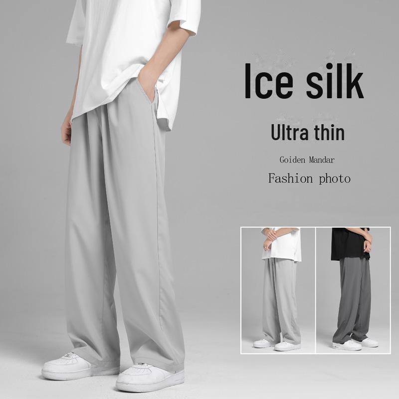 Pánské korejské letní ledové hedvábné ležérní kalhoty s širokými nohavicemi