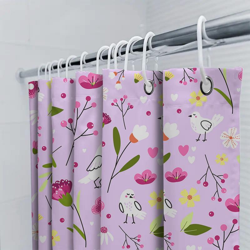 Floral Birds Bath Shower Curtain Pink Decorative Waterproof Fabric Decoration For Home Bathroom Decor