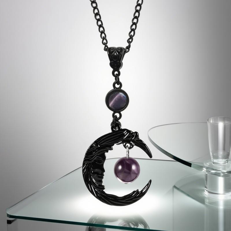 Gothic Creative Face Black Crescent Moon Purple Zircon Pendant Necklace For Women Hallowmas Charm Jewelry Gifts