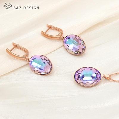 Luxury Colorful Oval Egg Shape Crystal Drop Earrings Jewelry Sets For Women Wedding Fashion Pendant Necklace
