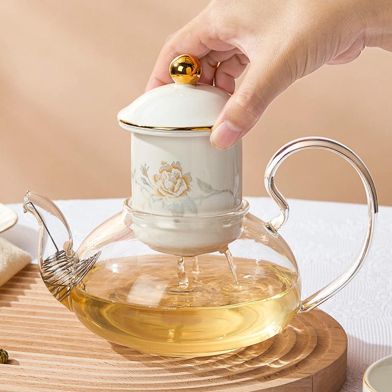 Light Luxury British Afternoon Tea Set with Glass Flower Tea Pot Set, Ceramic Stove, Candle Heating, Fruit Soaking Tea Pot