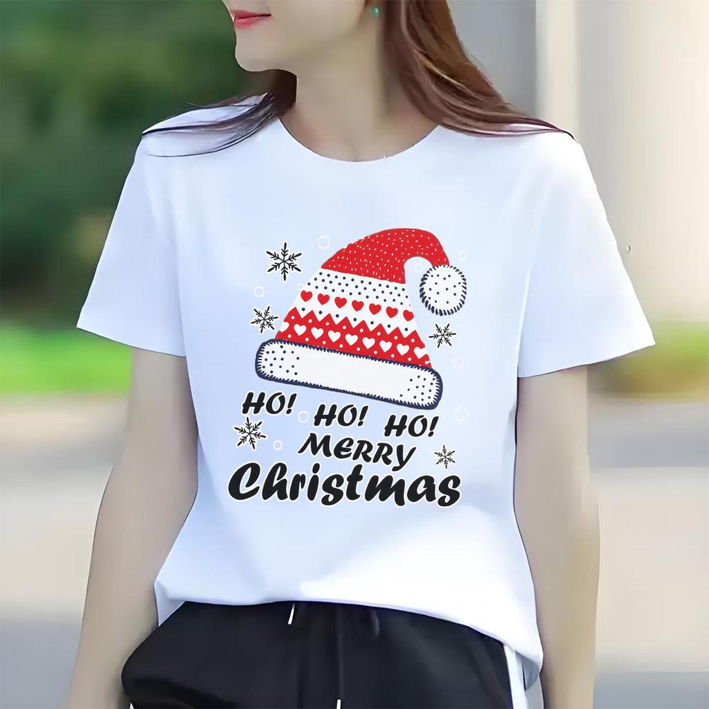 Fashionable Christmas Happy Snowflake Hat Printed Pattern Short Sleeve Round Neck Versatile Womens Festival Tshirt