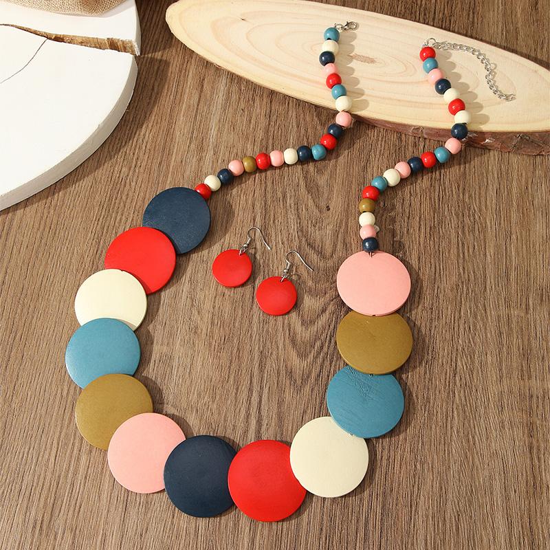Nuovo Set di Gioielli Collana e Orecchini in Perline di Legno Rotonde Geometriche Colorate Bohemien per Accessori Festa Vacanza Donna