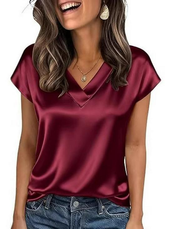 2026 Spring/Summer Solid Color V-neck Satin Casual Women's T-shirt