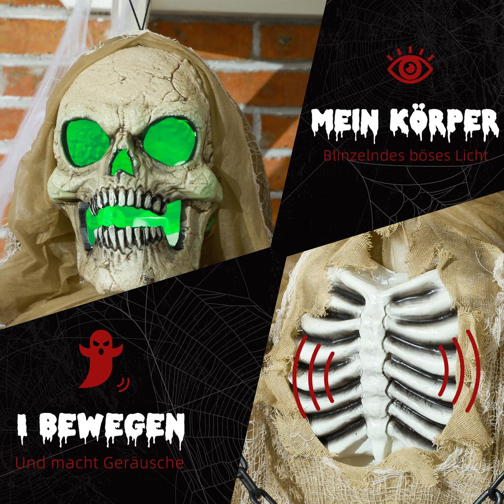 6' Hanging Skeleton Ghost Halloween Animatronic, with Glowing Eyes and Chest