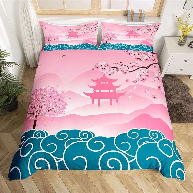 Cherry Blossoms Bedding Set Landscape Painting Duvet Cover Set Japanese Style Comforter Cover Polyester Abstract Art Quilt Cover
