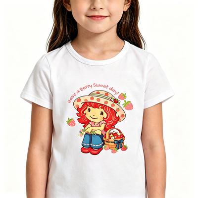 Strawberry Shortcake Children's 100% Cotton T-Shirt Retro Cartoon Print Tees Cute Short Sleeved Casual O-Neck Kids Tops Summer Anime T-shirt