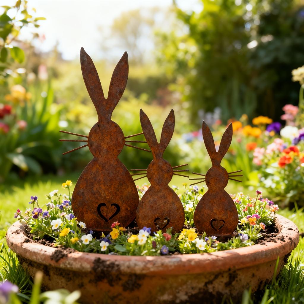 3 Stück Metall-Gartenstecker Ostern, Rostige 2D-Flachbodenstecker, Einfach einzustecken, Feiertagsdekoration für Hof & Blumenbeet, Gartendekorationen