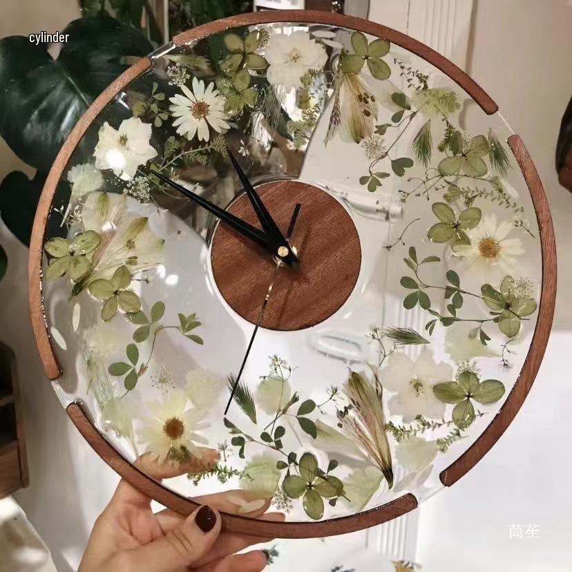 DIY Handmade Dried Flower Embossed Wall Clock with Wood Grain Border