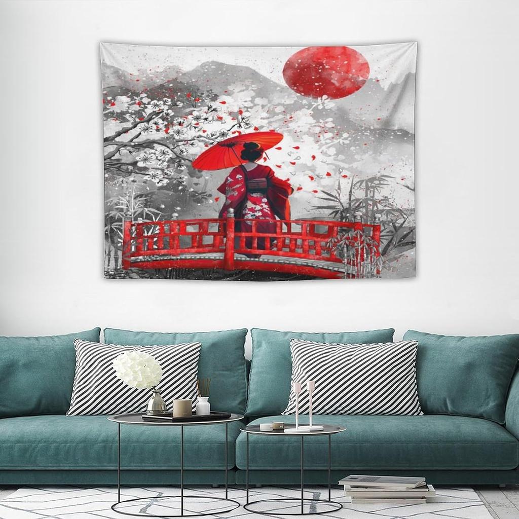 Japanse Rode Geisha Wandkleed Aziatische Kersentak Rode Zon Traditionele Kimono Volks Wandkleden Woondecoratie voor Woonkamer Slaapkamer