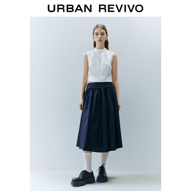 UR2026 French Style Pleated Midi Skirt S синий