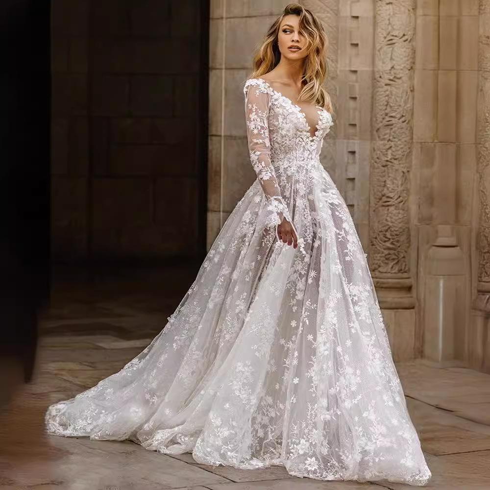 Abito da Sera da Matrimonio Europeo e Americano Primavera/Estate 2025 - Abito Lungo Sexy in Pizzo con Maniche Lunghe