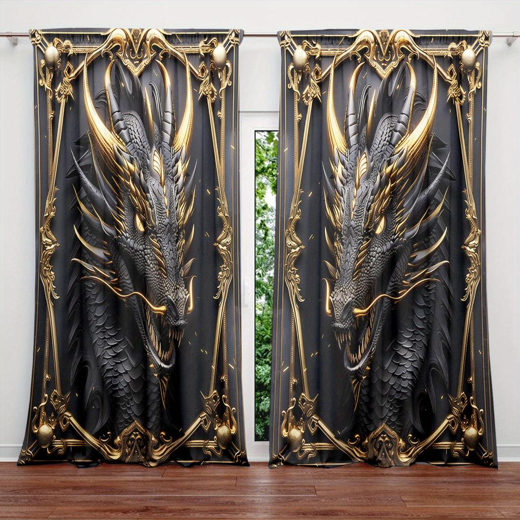 2pcs  Black Dragon Printed Curtain for Home Decor - Rod Pocket Window Treatment for Bedroom   Office   Kitchen   Living Room