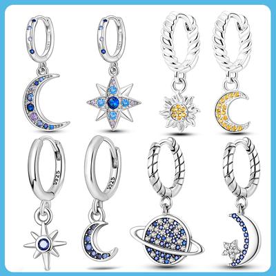 Creolen aus 925er-Sterlingsilber, Zirkon, Sterne, Mond, Sonne, Ohrstecker für Damen 