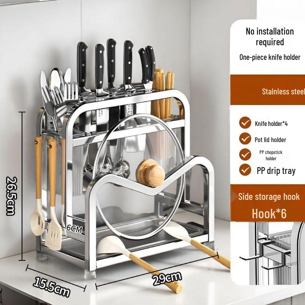 Stainless Steel Kitchen Organizer: Knife Holder, Pot Lid, Cutting Board, Cutlery & Chopstick Stand